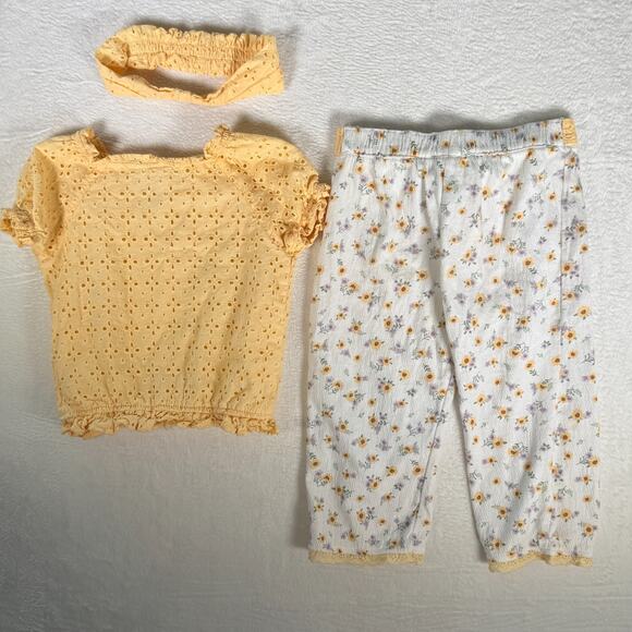 Little Lass Size 6 Girls 2 Piece Set w/ Head band Eyelet top with Sunflower Pant - Picture 2 of 9